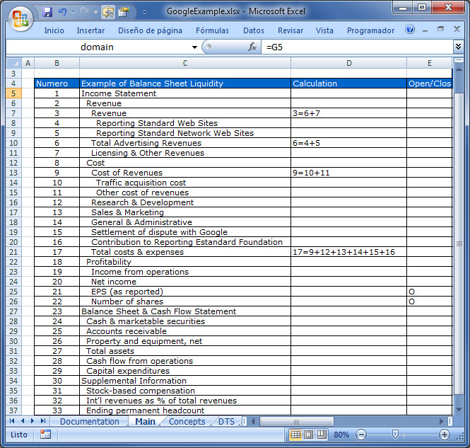 Definición del contenido de una taxonomía XBRL en Excel
